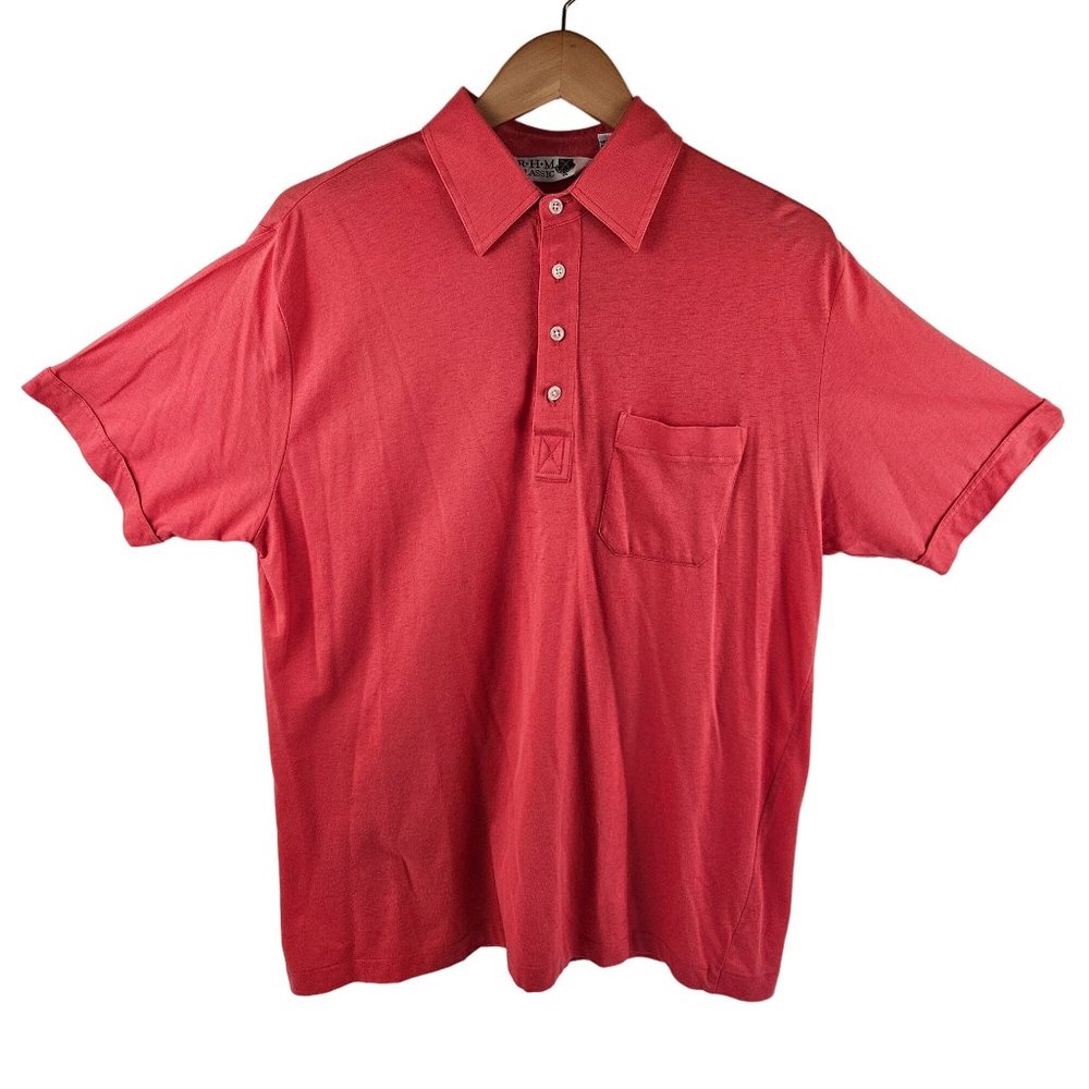 RHM Classic Mens Polo Shirt Size L Coral Solid Short Sleeve Pocket Lightweight